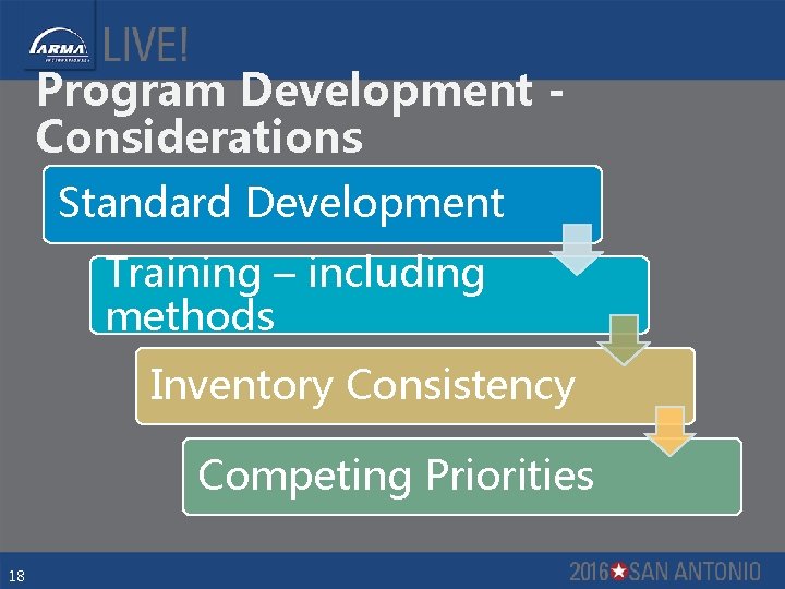 Program Development Considerations Standard Development Training – including methods Inventory Consistency Competing Priorities 18