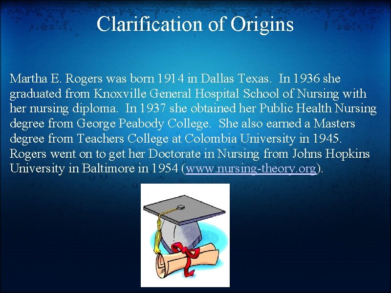 Clarification of Origins Martha E. Rogers was born 1914 in Dallas Texas. In 1936