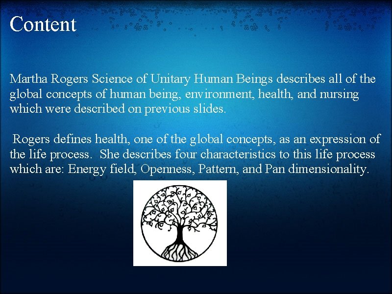 Content Martha Rogers Science of Unitary Human Beings describes all of the global concepts