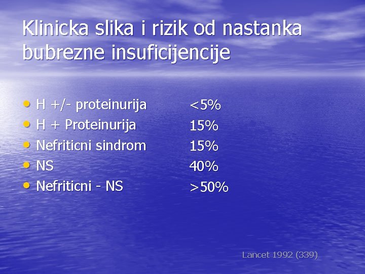 Klinicka slika i rizik od nastanka bubrezne insuficijencije • H +/- proteinurija • H
