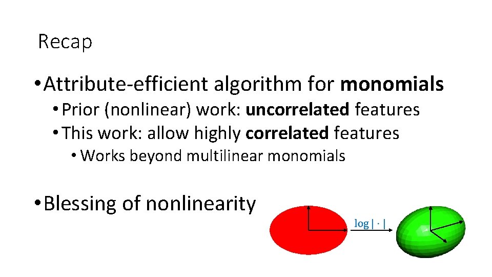 Recap • Attribute-efficient algorithm for monomials • Prior (nonlinear) work: uncorrelated features • This