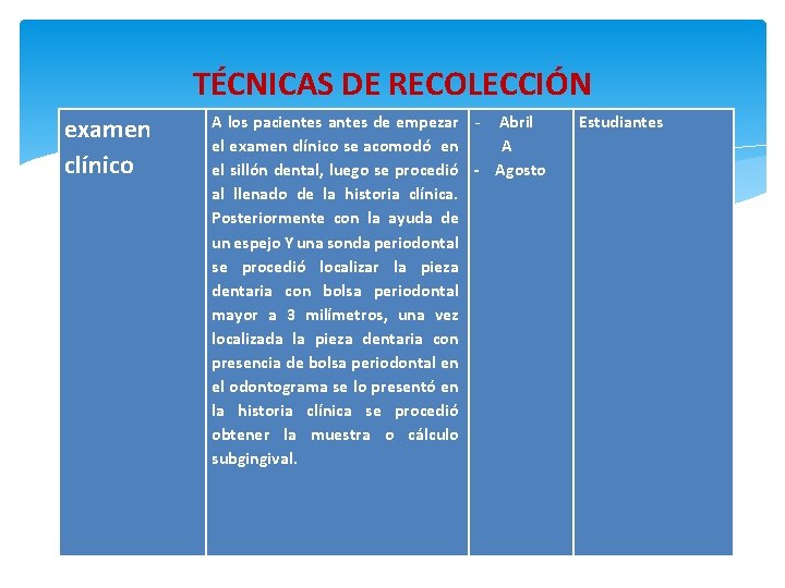 TÉCNICAS DE RECOLECCIÓN examen clínico A los pacientes antes de empezar - Abril el