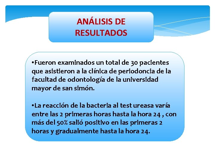 ANÁLISIS DE RESULTADOS • Fueron examinados un total de 30 pacientes que asistieron a