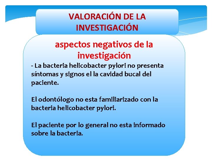 VALORACIÓN DE LA INVESTIGACIÓN aspectos negativos de la investigación - La bacteria helicobacter pylori