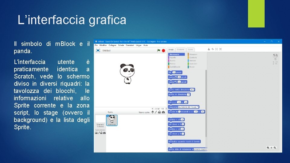 L’interfaccia grafica Il simbolo di m. Block e il panda. L'interfaccia utente è praticamente