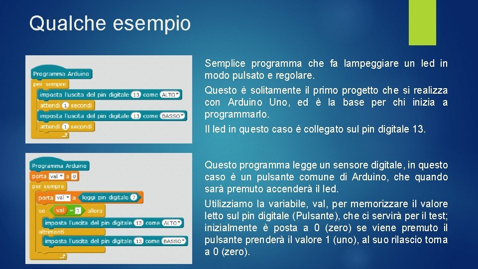 Qualche esempio Semplice programma che fa lampeggiare un led in modo pulsato e regolare.