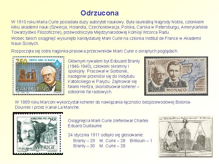Odrzucona W 1910 roku Maria Curie posiadała duży autorytet naukowy. Była laureatką Nagrody Nobla,