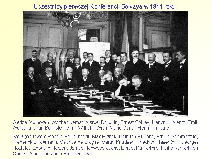 Uczestnicy pierwszej Konferencji Solvaya w 1911 roku Siedzą (od lewej): Walther Nernst, Marcel Brillouin,