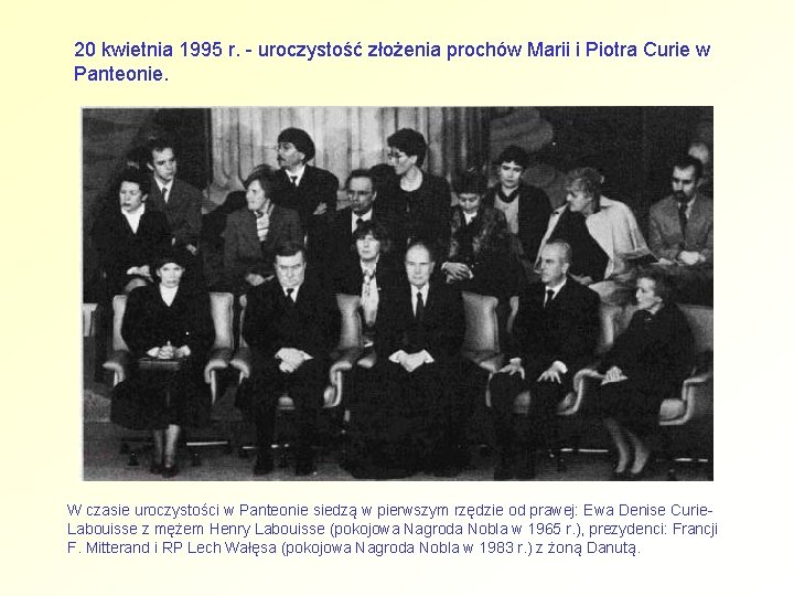 20 kwietnia 1995 r. - uroczystość złożenia prochów Marii i Piotra Curie w Panteonie.