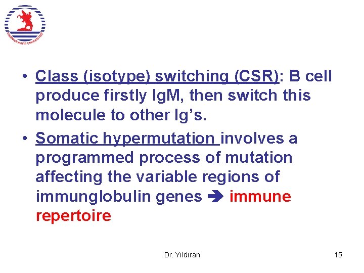 • Class (isotype) switching (CSR): B cell produce firstly Ig. M, then switch  • Class (isotype) switching (CSR): B cell produce firstly Ig. M, then switch