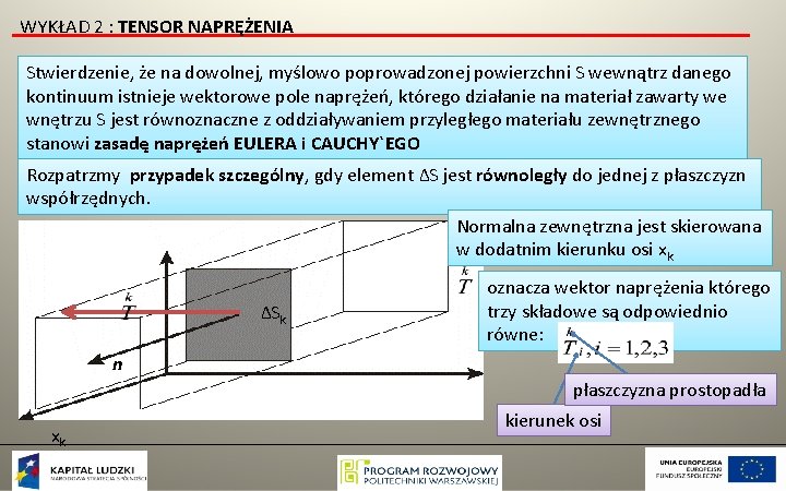 WYKŁAD 2 : TENSOR NAPRĘŻENIA Stwierdzenie, że na dowolnej, myślowo poprowadzonej powierzchni S wewnątrz