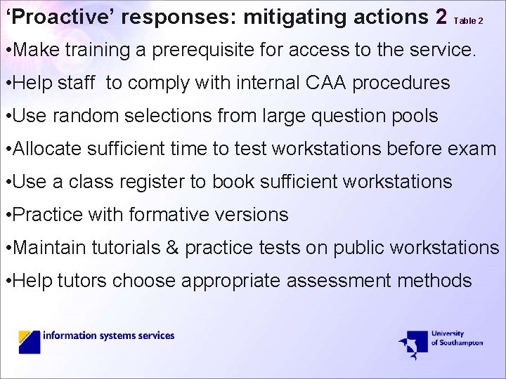 ‘Proactive’ responses: mitigating actions 2 Table 2 • Make training a prerequisite for access
