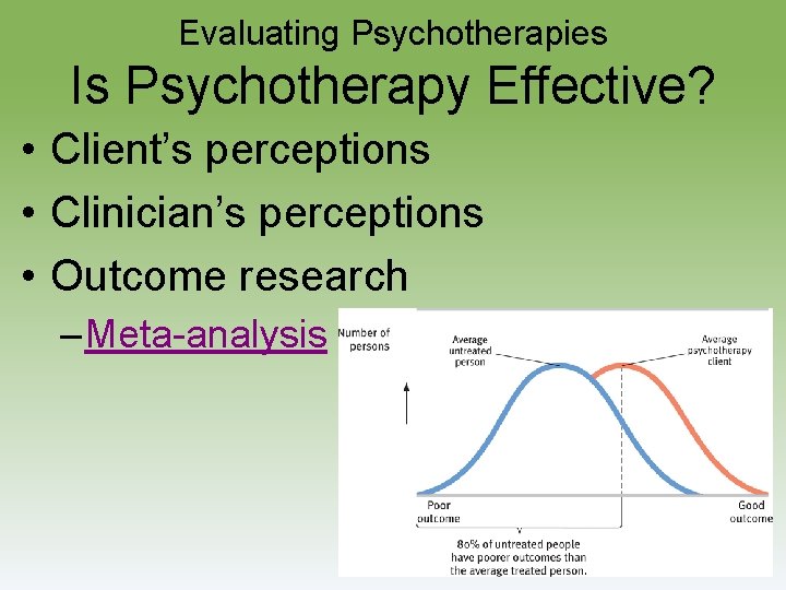 Evaluating Psychotherapies Is Psychotherapy Effective? • Client’s perceptions • Clinician’s perceptions • Outcome research