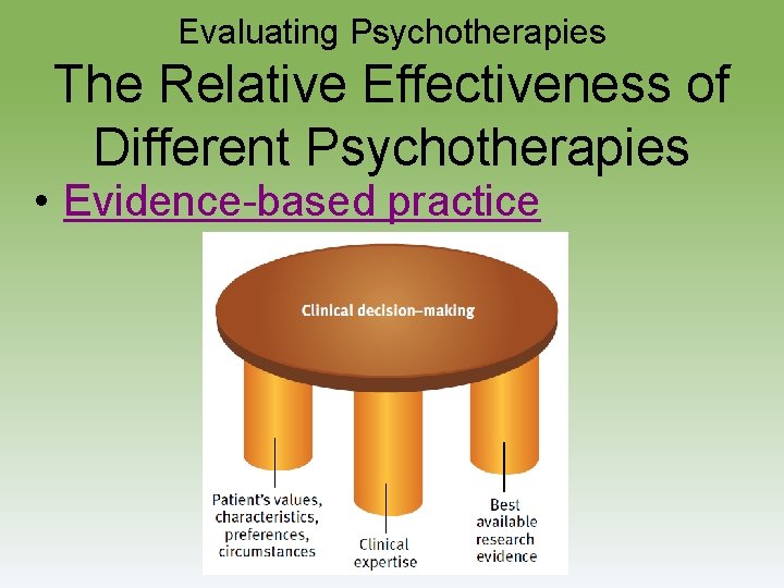 Evaluating Psychotherapies The Relative Effectiveness of Different Psychotherapies • Evidence-based practice 