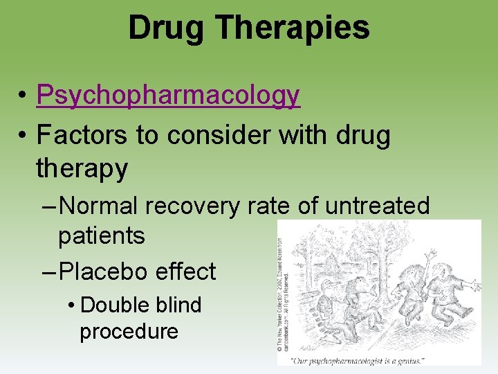 Drug Therapies • Psychopharmacology • Factors to consider with drug therapy – Normal recovery