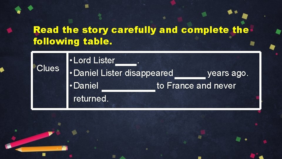 Read the story carefully and complete the following table. Clues • Lord Lister. •