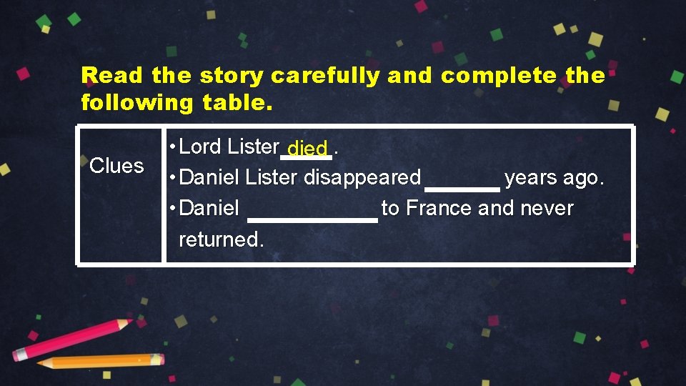 Read the story carefully and complete the following table. Clues • Lord Lister died.