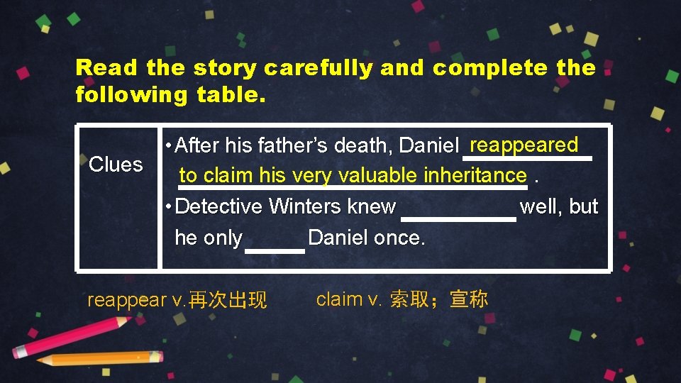 Read the story carefully and complete the following table. • After his father’s death,