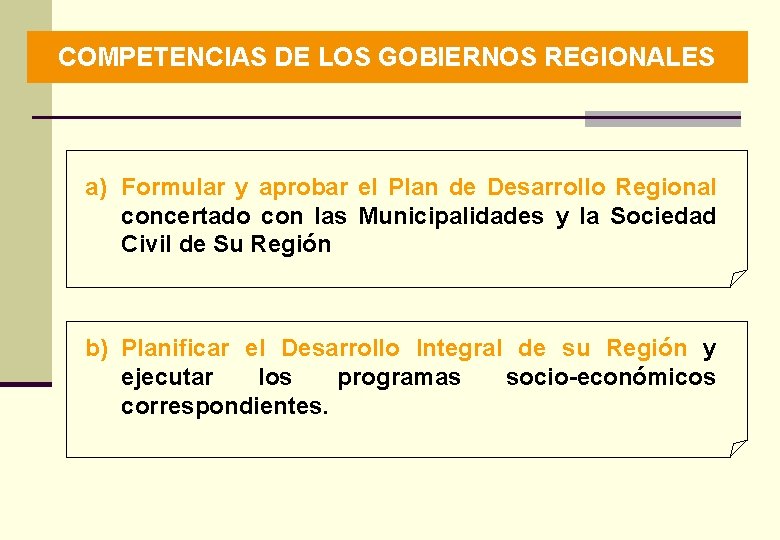COMPETENCIAS DE LOS GOBIERNOS REGIONALES a) Formular y aprobar el Plan de Desarrollo Regional