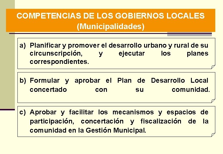 COMPETENCIAS DE LOS GOBIERNOS LOCALES (Municipalidades) a) Planificar y promover el desarrollo urbano y
