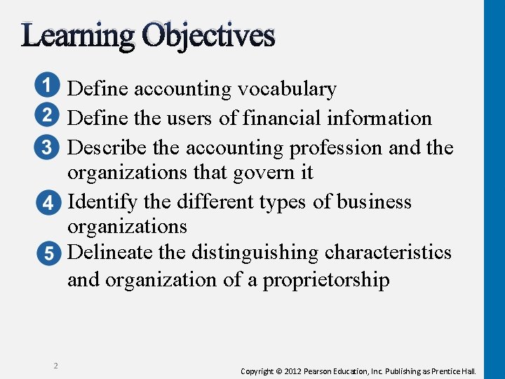 Learning Objectives Define accounting vocabulary Define the users of financial information Describe the accounting