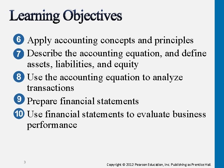 Learning Objectives Apply accounting concepts and principles Describe the accounting equation, and define assets,