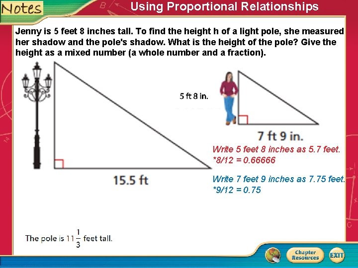 Using Proportional Relationships Jenny is 5 feet 8 inches tall. To find the height
