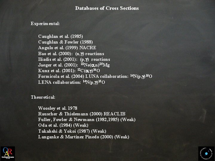 Databases of Cross Sections Experimental: Caughlan et al. (1985) Caughlan & Fowler (1988) Angulo