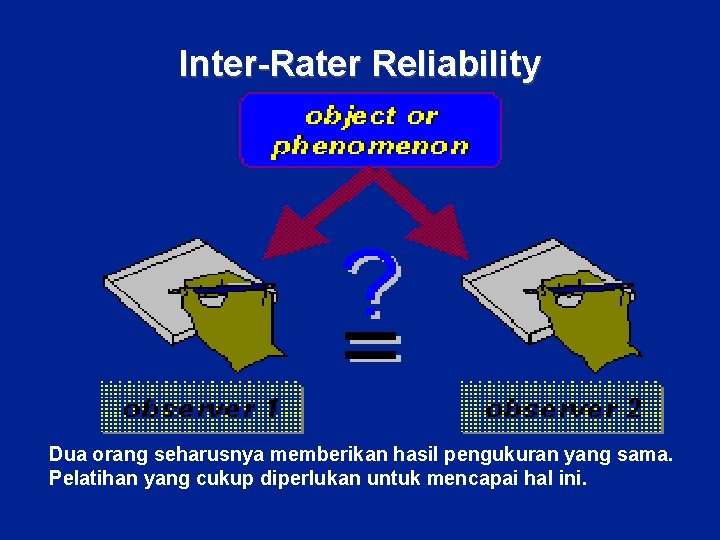 Inter-Rater Reliability Dua orang seharusnya memberikan hasil pengukuran yang sama. Pelatihan yang cukup diperlukan