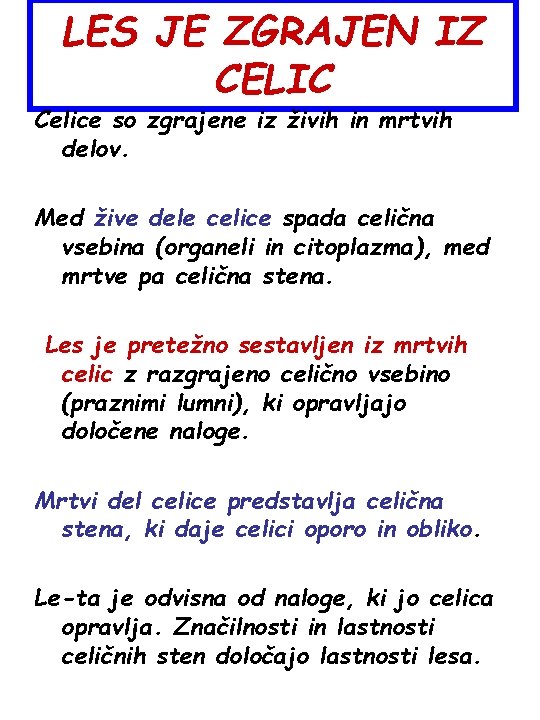 LES JE ZGRAJEN IZ CELIC Celice so zgrajene iz živih in mrtvih delov. Med