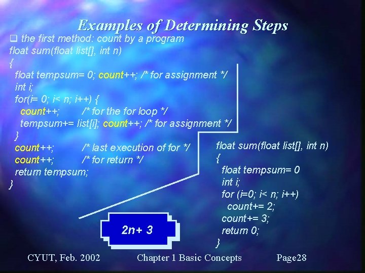 Examples of Determining Steps q the first method: count by a program float sum(float