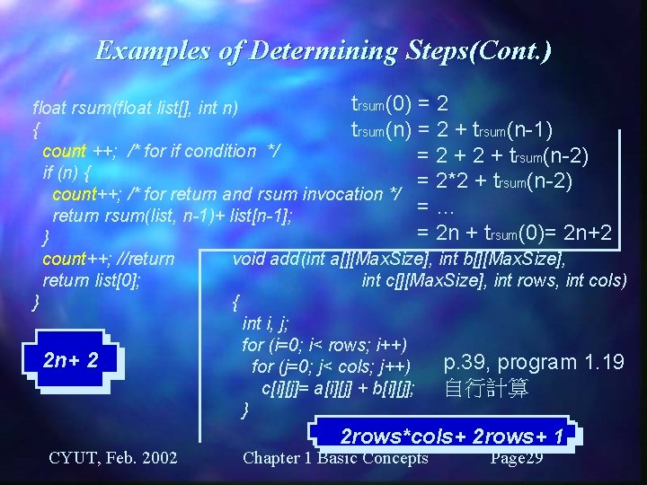 Examples of Determining Steps(Cont. ) trsum(0) = 2 float rsum(float list[], int n) {