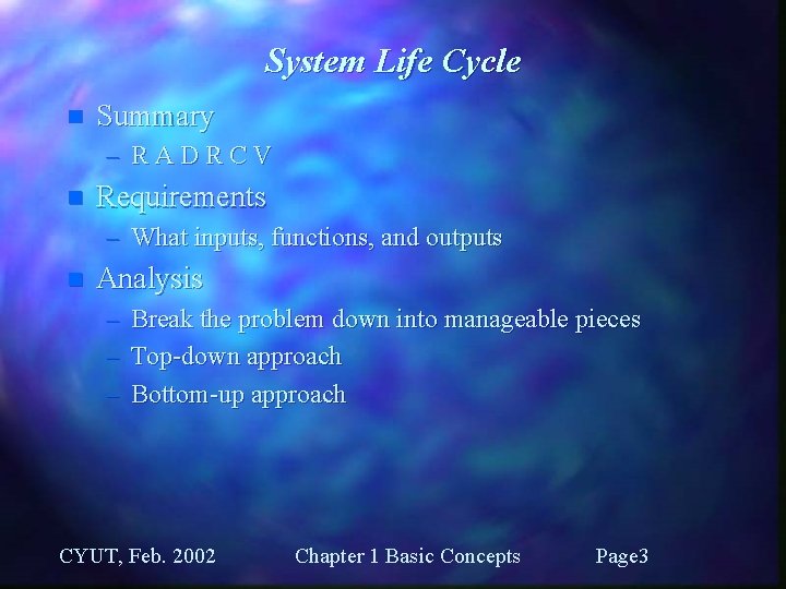 System Life Cycle n Summary – RADRCV n Requirements – What inputs, functions, and