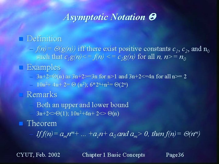 Asymptotic Notation n Definition – f(n)= (g(n)) iff there exist positive constants c 1,