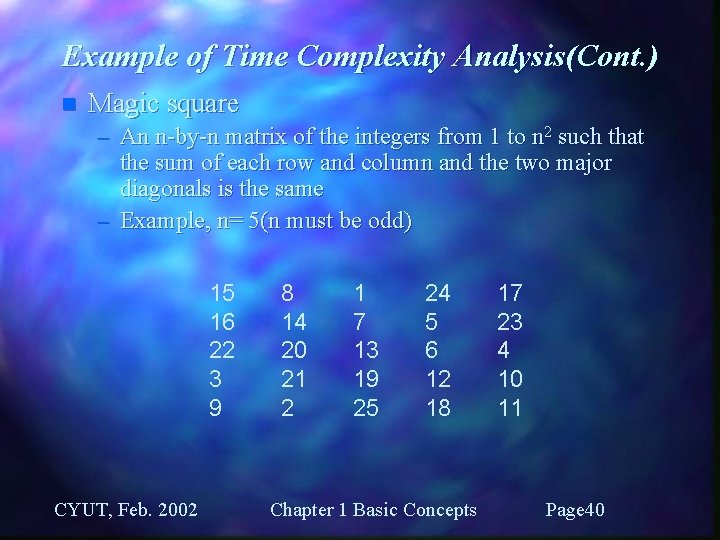 Example of Time Complexity Analysis(Cont. ) n Magic square – An n-by-n matrix of