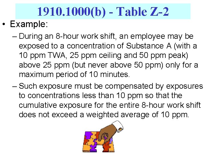 1910. 1000(b) - Table Z-2 • Example: – During an 8 -hour work shift,