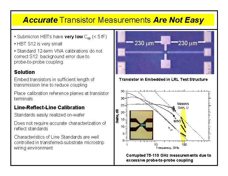 Accurate Transistor Measurements Are Not Easy • Submicron HBTs have very low Ccb (<