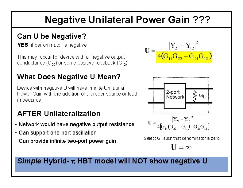  Negative Unilateral Power Gain ? ? ? Can U be Negative? YES, if