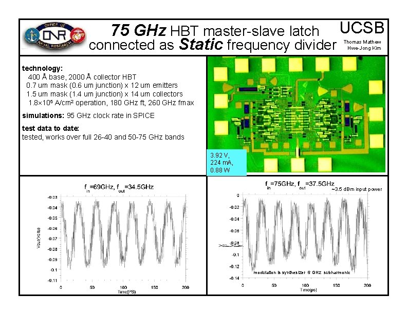 75 GHz HBT master-slave latch UCSB connected as Static frequency divider Thomas Mathew Hwe-Jong