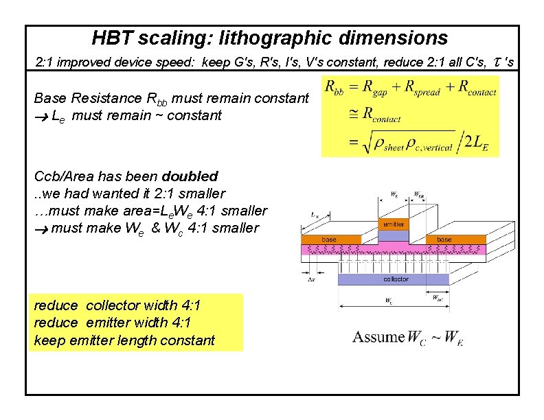 HBT scaling: lithographic dimensions 2: 1 improved device speed: keep G's, R's, I's, V's