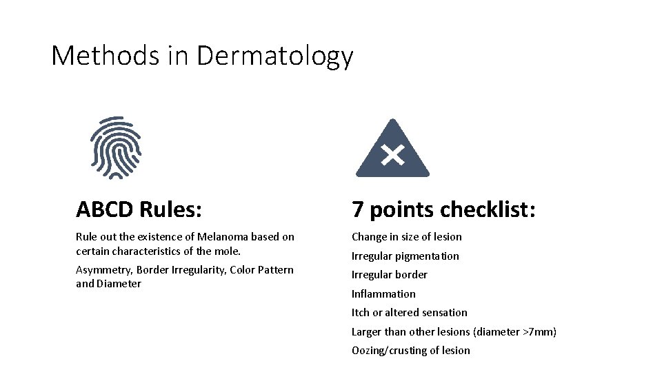 Methods in Dermatology ABCD Rules: 7 points checklist: Rule out the existence of Melanoma