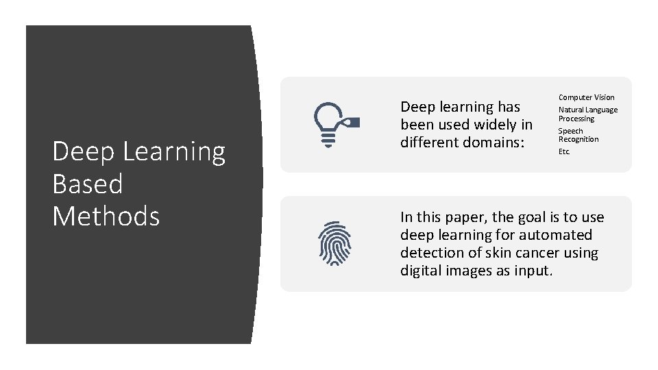 Deep Learning Based Methods Deep learning has been used widely in different domains: Computer
