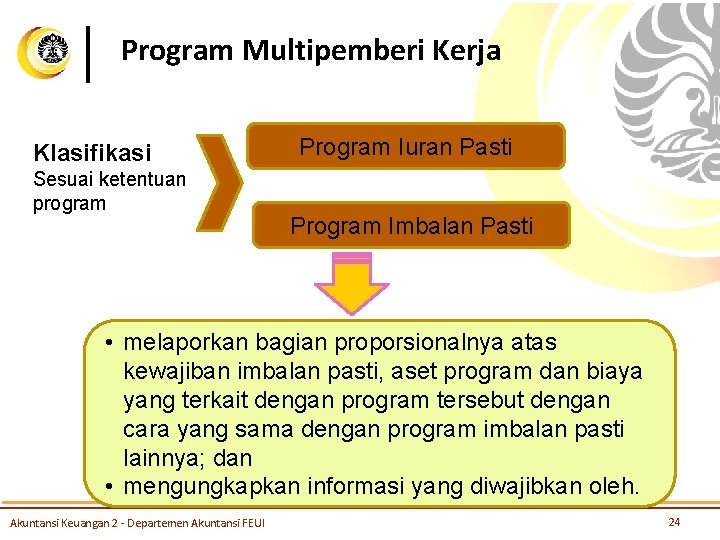 Program Multipemberi Kerja Klasifikasi Sesuai ketentuan program Program Iuran Pasti Program Imbalan Pasti •