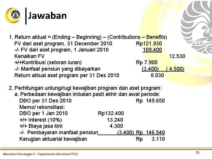 Jawaban 1. Return aktual = (Ending – Beginning) – (Contributions – Benefits) FV dari