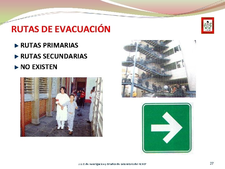 RUTAS DE EVACUACIÓN RUTAS PRIMARIAS RUTAS SECUNDARIAS NO EXISTEN J. U. D. de Investigacion