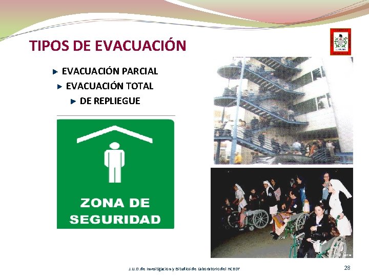 TIPOS DE EVACUACIÓN PARCIAL EVACUACIÓN TOTAL DE REPLIEGUE J. U. D. de Investigacion y