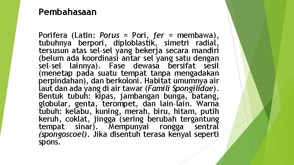Pembahasaan Porifera (Latin: Porus = Pori, fer = membawa), tubuhnya berpori, diploblastik, simetri radial,