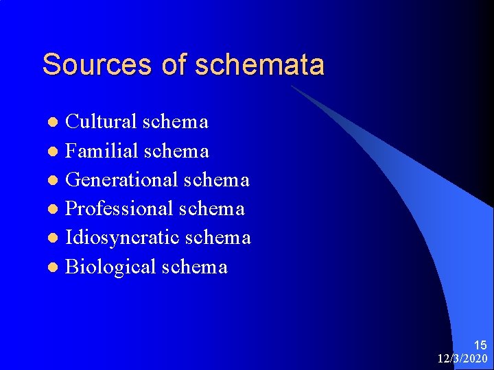 Sources of schemata Cultural schema l Familial schema l Generational schema l Professional schema