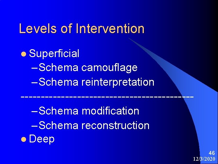 Levels of Intervention l Superficial – Schema camouflage – Schema reinterpretation ---------------------– Schema modification