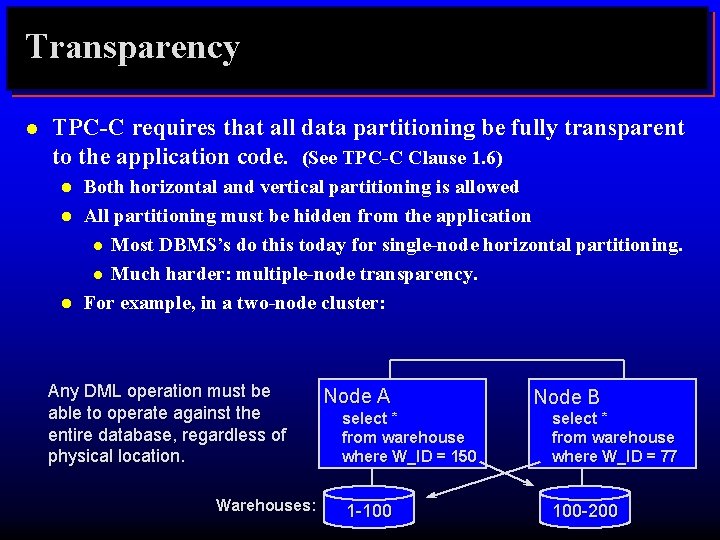 Transparency l TPC-C requires that all data partitioning be fully transparent to the application